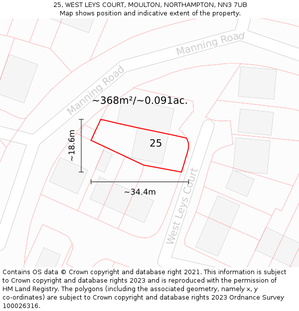 25, WEST LEYS COURT, MOULTON, NORTHAMPTON, NN3 7UB: Plot and title map