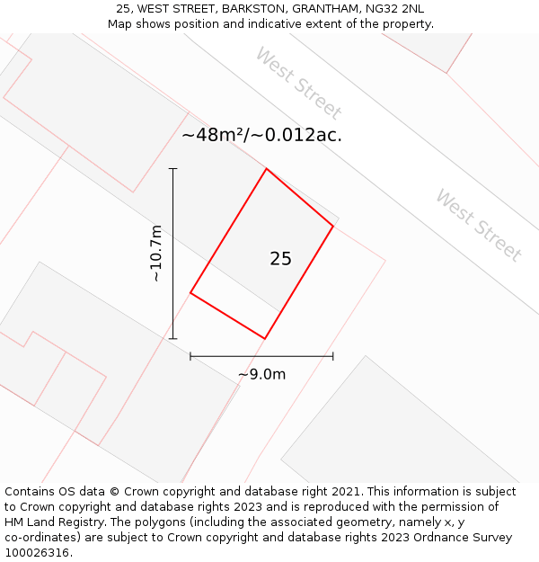 25, WEST STREET, BARKSTON, GRANTHAM, NG32 2NL: Plot and title map