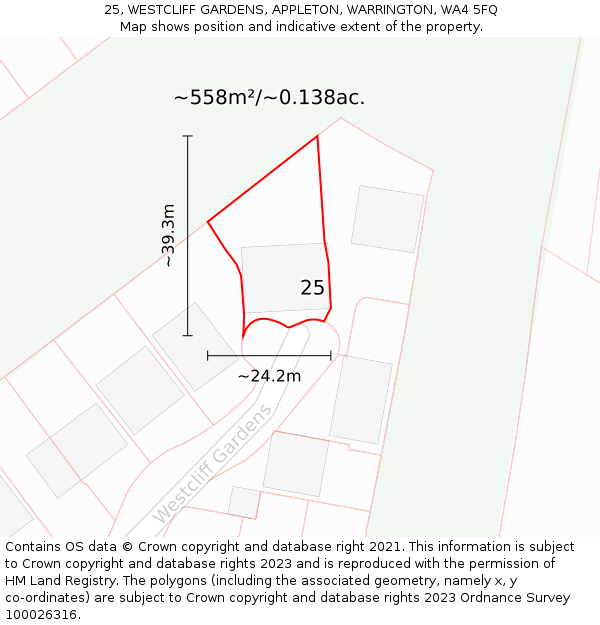 25, WESTCLIFF GARDENS, APPLETON, WARRINGTON, WA4 5FQ: Plot and title map