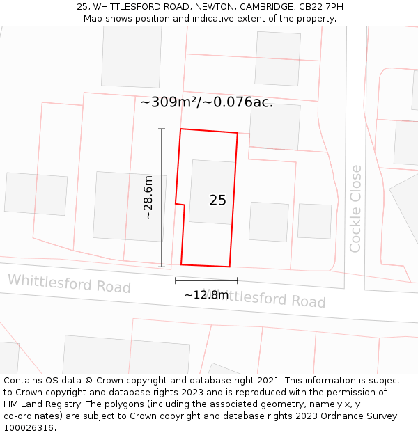 25, WHITTLESFORD ROAD, NEWTON, CAMBRIDGE, CB22 7PH: Plot and title map