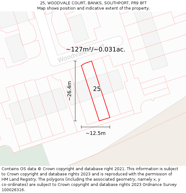 25, WOODVALE COURT, BANKS, SOUTHPORT, PR9 8FT: Plot and title map