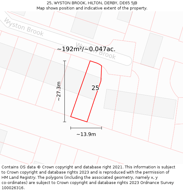 25, WYSTON BROOK, HILTON, DERBY, DE65 5JB: Plot and title map