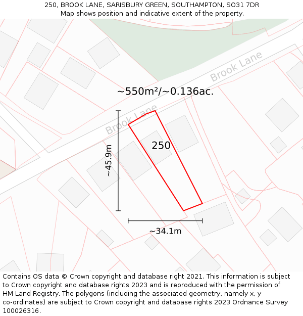 250, BROOK LANE, SARISBURY GREEN, SOUTHAMPTON, SO31 7DR: Plot and title map