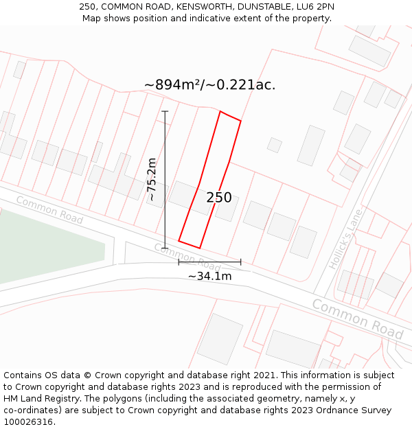 250, COMMON ROAD, KENSWORTH, DUNSTABLE, LU6 2PN: Plot and title map