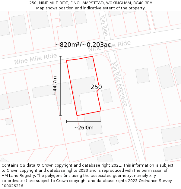 250, NINE MILE RIDE, FINCHAMPSTEAD, WOKINGHAM, RG40 3PA: Plot and title map