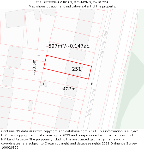 251, PETERSHAM ROAD, RICHMOND, TW10 7DA: Plot and title map