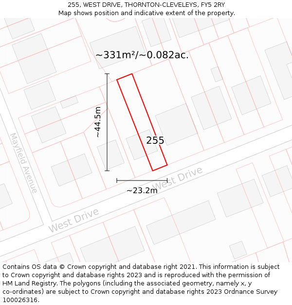 255, WEST DRIVE, THORNTON-CLEVELEYS, FY5 2RY: Plot and title map