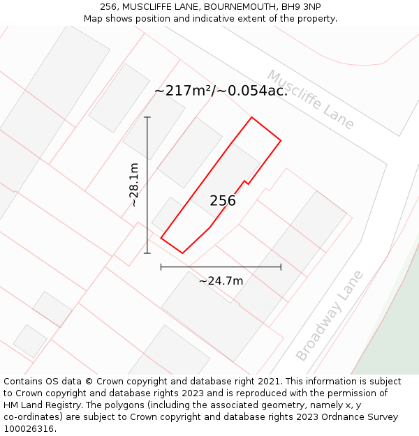 256, MUSCLIFFE LANE, BOURNEMOUTH, BH9 3NP: Plot and title map