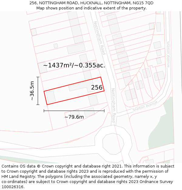 256, NOTTINGHAM ROAD, HUCKNALL, NOTTINGHAM, NG15 7QD: Plot and title map