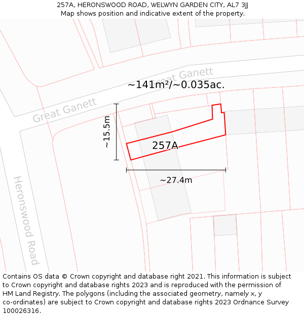 257A, HERONSWOOD ROAD, WELWYN GARDEN CITY, AL7 3JJ: Plot and title map