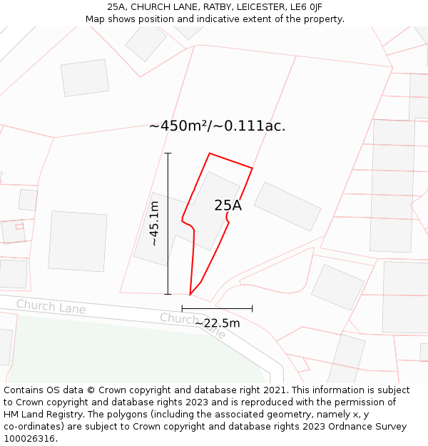 25A, CHURCH LANE, RATBY, LEICESTER, LE6 0JF: Plot and title map