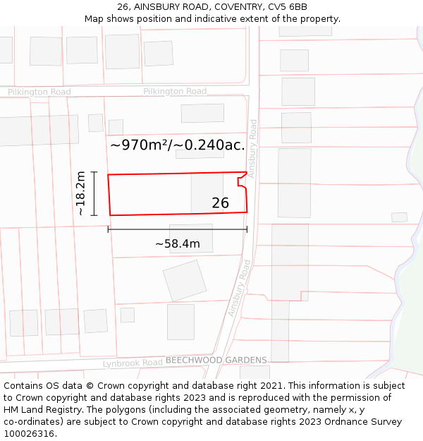 26, AINSBURY ROAD, COVENTRY, CV5 6BB: Plot and title map