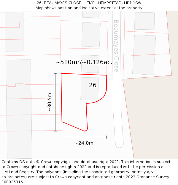 26, BEAUMAYES CLOSE, HEMEL HEMPSTEAD, HP1 1SW: Plot and title map