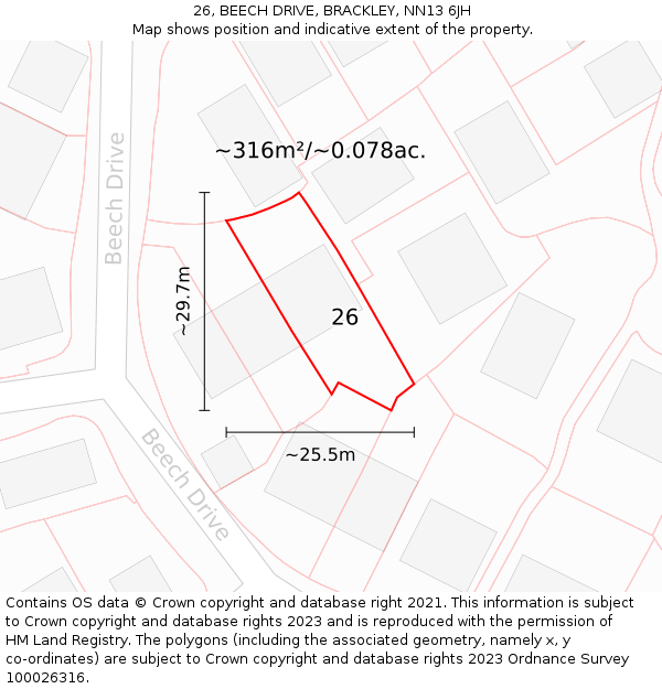 26, BEECH DRIVE, BRACKLEY, NN13 6JH: Plot and title map