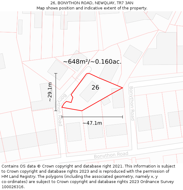 26, BONYTHON ROAD, NEWQUAY, TR7 3AN: Plot and title map