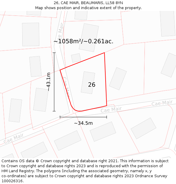 26, CAE MAIR, BEAUMARIS, LL58 8YN: Plot and title map