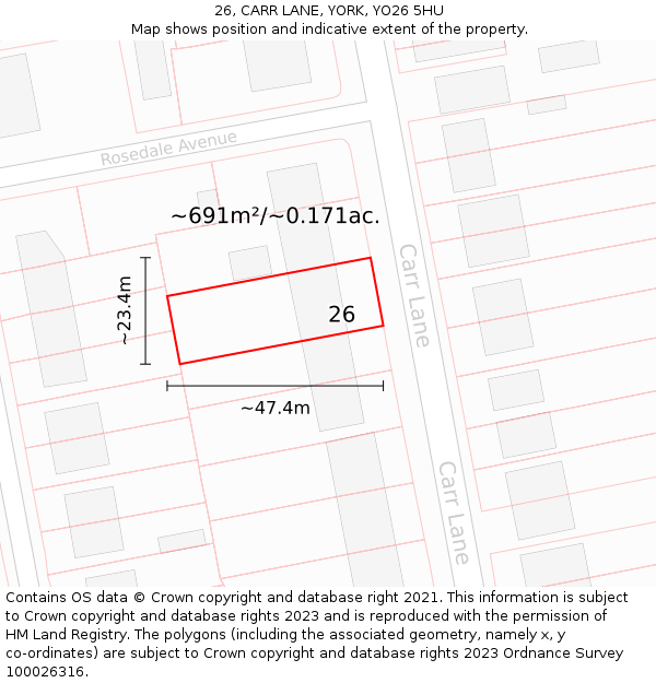 26, CARR LANE, YORK, YO26 5HU: Plot and title map