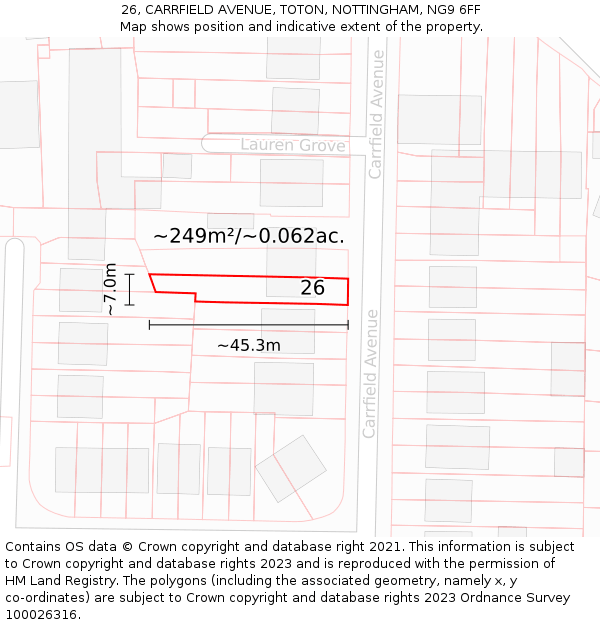 26, CARRFIELD AVENUE, TOTON, NOTTINGHAM, NG9 6FF: Plot and title map