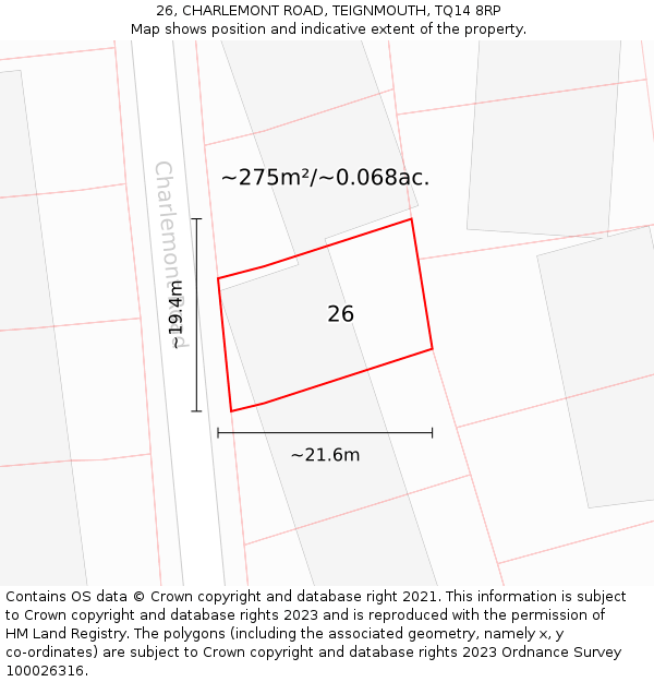26, CHARLEMONT ROAD, TEIGNMOUTH, TQ14 8RP: Plot and title map
