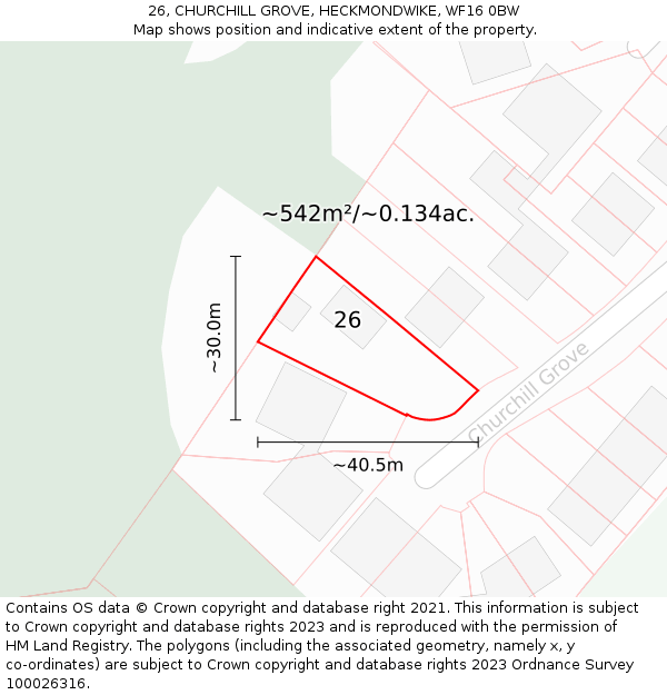 26, CHURCHILL GROVE, HECKMONDWIKE, WF16 0BW: Plot and title map