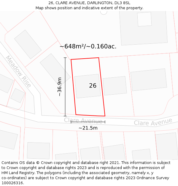 26, CLARE AVENUE, DARLINGTON, DL3 8SL: Plot and title map