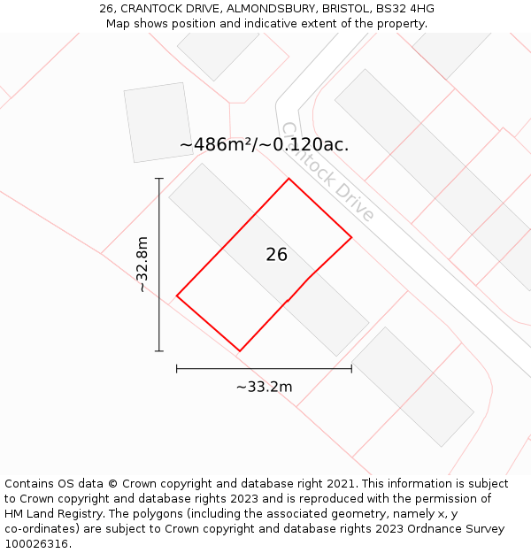 26, CRANTOCK DRIVE, ALMONDSBURY, BRISTOL, BS32 4HG: Plot and title map