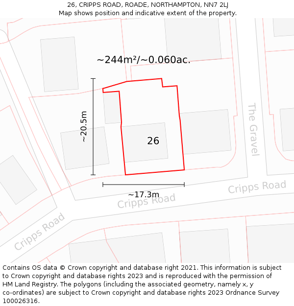 26, CRIPPS ROAD, ROADE, NORTHAMPTON, NN7 2LJ: Plot and title map