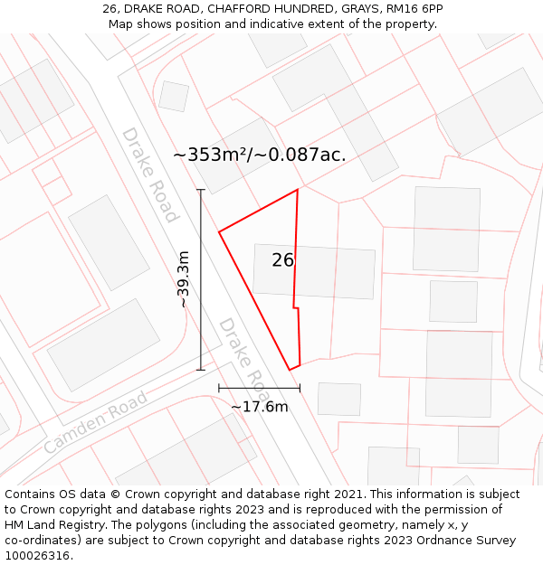 26, DRAKE ROAD, CHAFFORD HUNDRED, GRAYS, RM16 6PP: Plot and title map