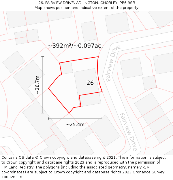 26, FAIRVIEW DRIVE, ADLINGTON, CHORLEY, PR6 9SB: Plot and title map