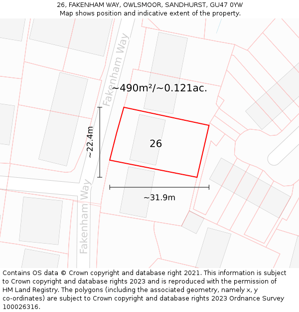 26, FAKENHAM WAY, OWLSMOOR, SANDHURST, GU47 0YW: Plot and title map