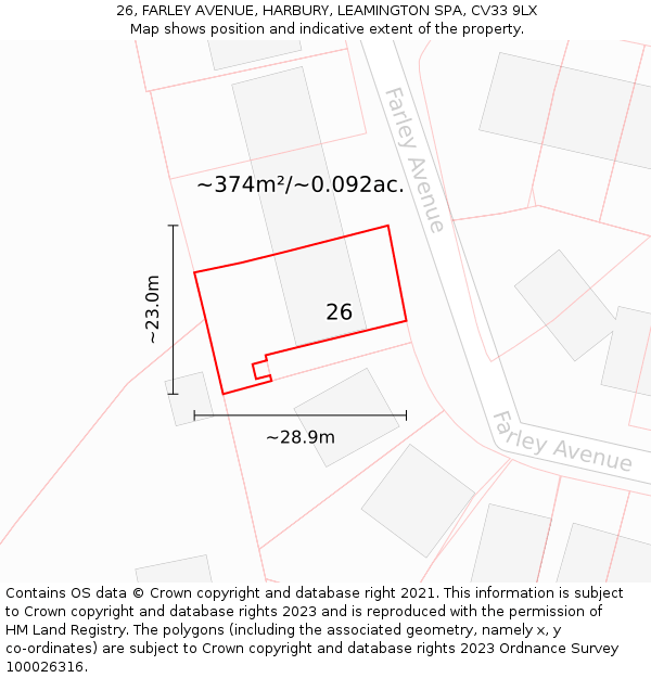 26, FARLEY AVENUE, HARBURY, LEAMINGTON SPA, CV33 9LX: Plot and title map