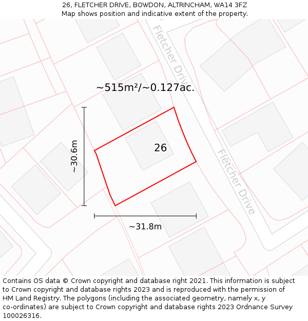 26, FLETCHER DRIVE, BOWDON, ALTRINCHAM, WA14 3FZ: Plot and title map