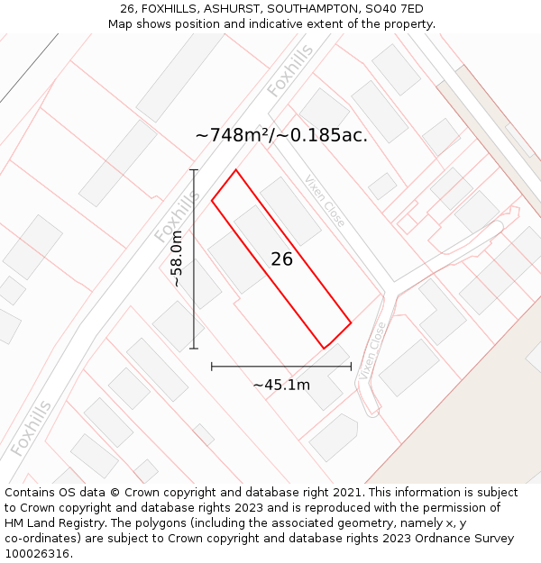 26, FOXHILLS, ASHURST, SOUTHAMPTON, SO40 7ED: Plot and title map