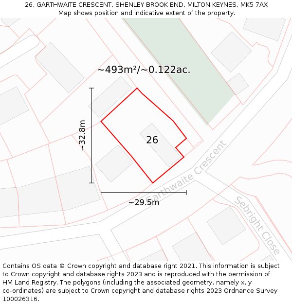 26, GARTHWAITE CRESCENT, SHENLEY BROOK END, MILTON KEYNES, MK5 7AX: Plot and title map