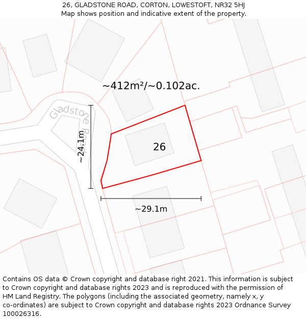 26, GLADSTONE ROAD, CORTON, LOWESTOFT, NR32 5HJ: Plot and title map