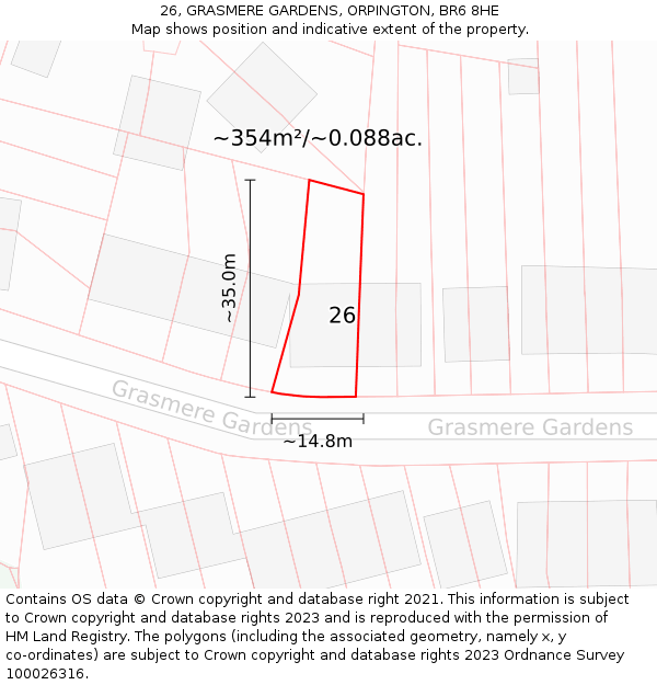 26, GRASMERE GARDENS, ORPINGTON, BR6 8HE: Plot and title map