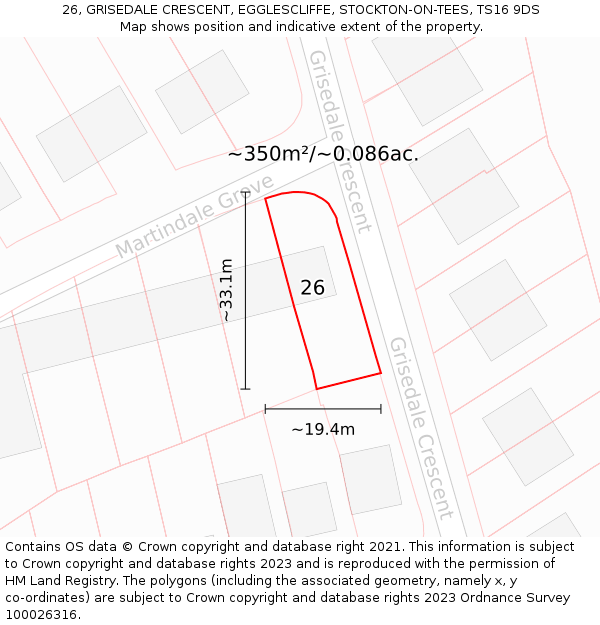 26, GRISEDALE CRESCENT, EGGLESCLIFFE, STOCKTON-ON-TEES, TS16 9DS: Plot and title map