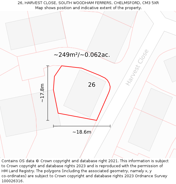 26, HARVEST CLOSE, SOUTH WOODHAM FERRERS, CHELMSFORD, CM3 5XR: Plot and title map