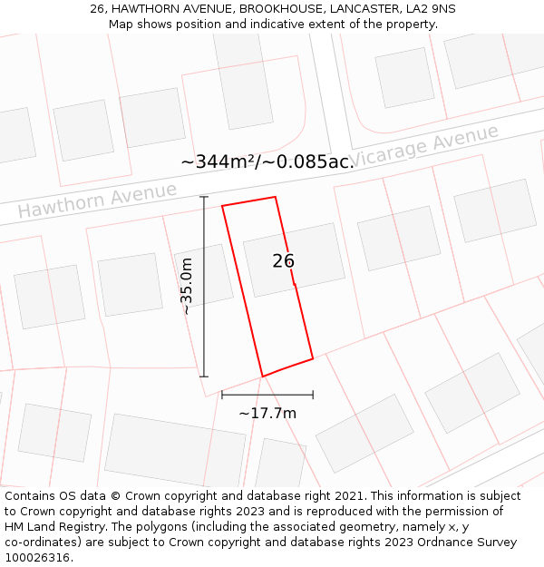 26, HAWTHORN AVENUE, BROOKHOUSE, LANCASTER, LA2 9NS: Plot and title map