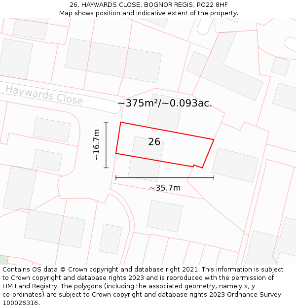 26, HAYWARDS CLOSE, BOGNOR REGIS, PO22 8HF: Plot and title map