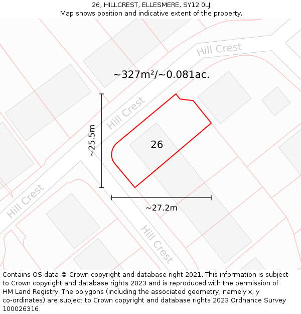 26, HILLCREST, ELLESMERE, SY12 0LJ: Plot and title map