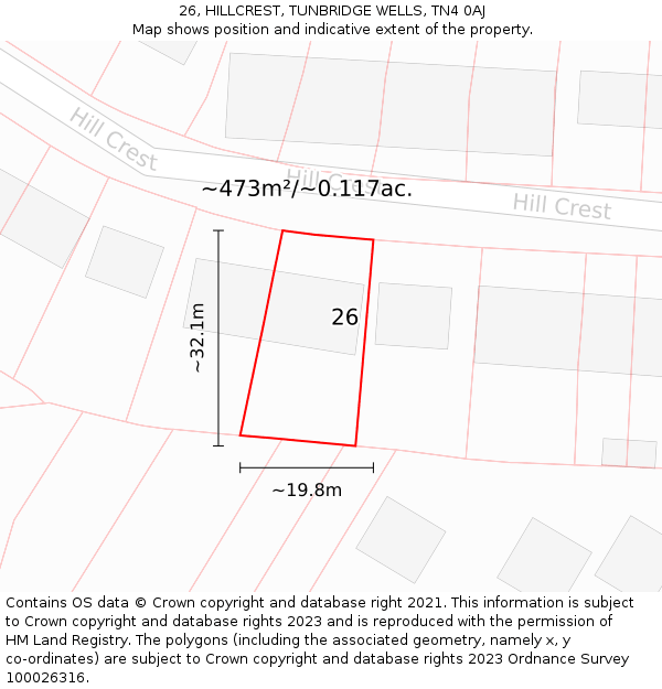 26, HILLCREST, TUNBRIDGE WELLS, TN4 0AJ: Plot and title map