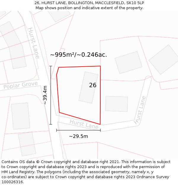 26, HURST LANE, BOLLINGTON, MACCLESFIELD, SK10 5LP: Plot and title map