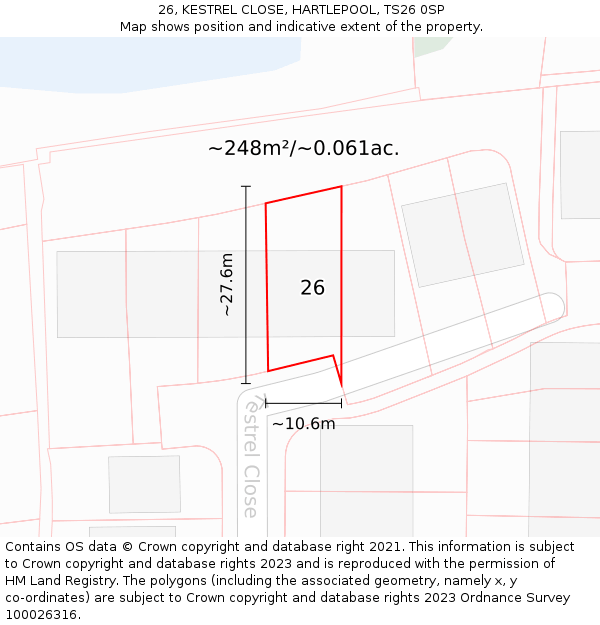 26, KESTREL CLOSE, HARTLEPOOL, TS26 0SP: Plot and title map