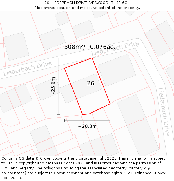 26, LIEDERBACH DRIVE, VERWOOD, BH31 6GH: Plot and title map