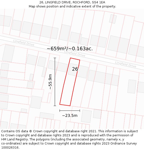 26, LINGFIELD DRIVE, ROCHFORD, SS4 1EA: Plot and title map