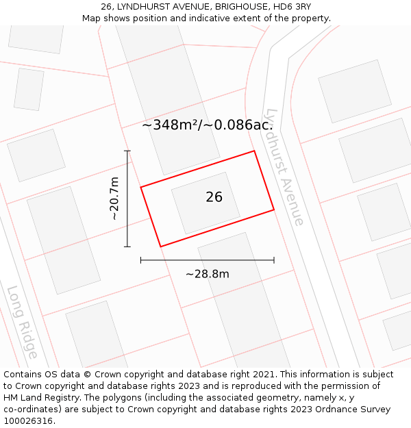 26, LYNDHURST AVENUE, BRIGHOUSE, HD6 3RY: Plot and title map