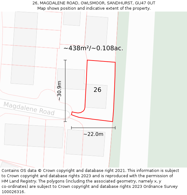 26, MAGDALENE ROAD, OWLSMOOR, SANDHURST, GU47 0UT: Plot and title map