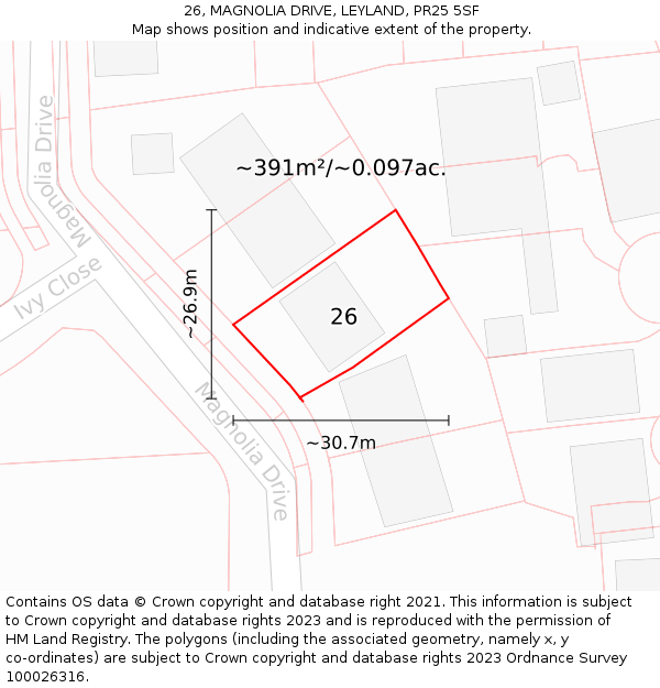 26, MAGNOLIA DRIVE, LEYLAND, PR25 5SF: Plot and title map