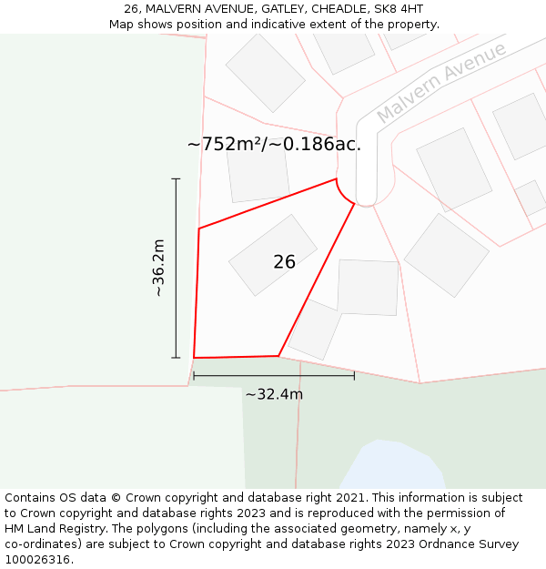 26, MALVERN AVENUE, GATLEY, CHEADLE, SK8 4HT: Plot and title map